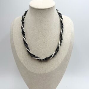 Vintage Black Gemstone White Rice Pearl Beads Twisted Necklace